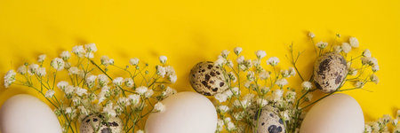 Easter background, various eggs on a yellow background, decorated with natural botanical elements, flat lay, view from above, empty space for textの写真素材