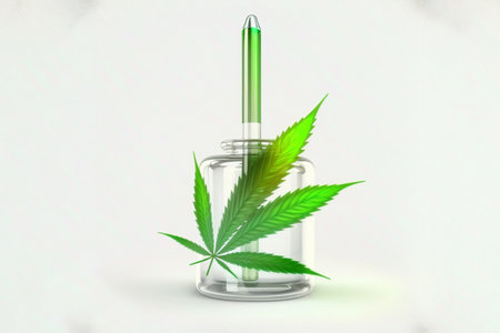 Glass cosmetic transparent bottle with hemp oil and hemp leaves on a white background. The use of hemp oil and cannabidiol in dermatology and cosmetology. Front view. Generative AIの素材