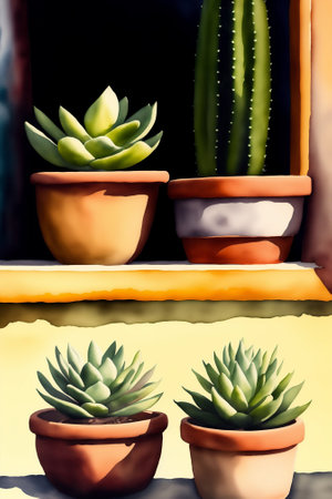 Many different succulents on the shelves of a flower store in daylight. Drawing in watercolor style. Generative AI.の写真素材