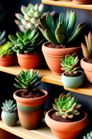 Many different succulents on the shelves of a flower store in daylight. Generative AI.の素材