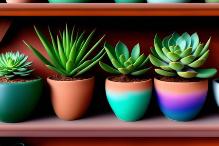 Many different succulents on the shelves of a flower store in daylight. Generative AI.の素材