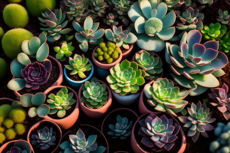 There are many different succulents on the windowsill in daylight. Top view of indoor plants. Generative AI.の素材