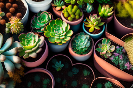 There are many different succulents on the windowsill in daylight. Top view of indoor plants. Generative AI.の素材