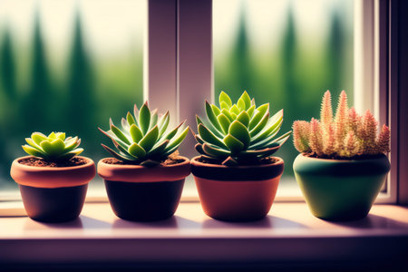 Many different succulents on a windowsill in daylight. Generative AI.の写真素材