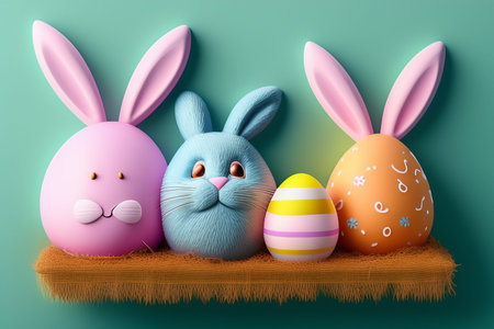 Easter bunny and colorful Easter eggs in pastel colors. Happy Easter concept. AI generativeの写真素材