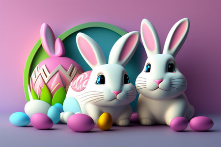 Easter bunny and colorful Easter eggs in pastel colors. Happy Easter concept. AI generativeの素材