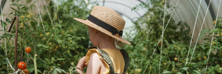 A little girl in a straw hat is picking tomatoes in a greenhouse. Harvest concept.の写真素材