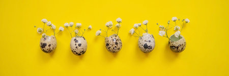 Easter background, quail eggs on a yellow background, decorated with natural botanical elements,...