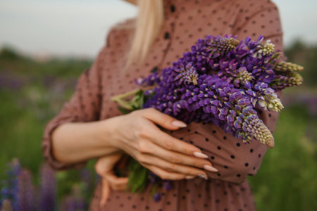 A beautiful woman in a straw hat walks in a field with purple flowers. A walk in nature in the lupin fieldの写真素材