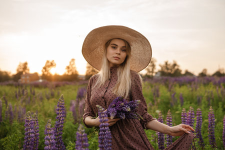 A beautiful woman in a straw hat walks in a field with purple flowers. A walk in nature in the lupin fieldの写真素材