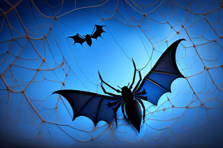 Halloween background with black bats, spider webs on blue background. Horrible background with space to copy your design. Halloween decoration concept. Generative AI.の素材