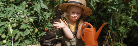 A little girl in a straw hat is picking tomatoes in a greenhouse. Harvest concept.の写真素材