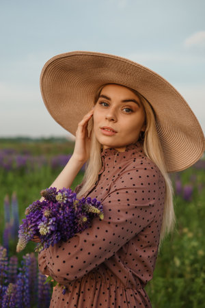 A beautiful woman in a straw hat walks in a field with purple flowers. A walk in nature in the lupin fieldの写真素材