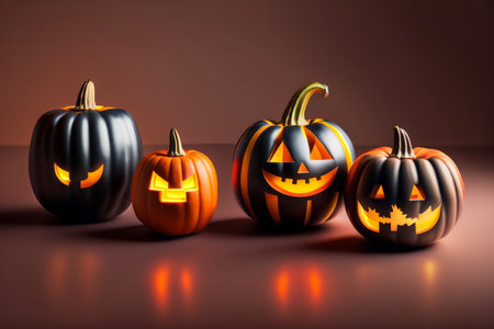 Halloween pumpkins in front view style. Halloween decoration concept. Generative AI.の素材