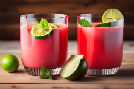 Watermelon slushie with lime, summer refreshing drink in tall glasses. Generative AI.の素材