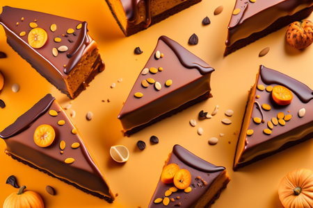 A few slices of pumpkin pie with nuts on the table, a traditional autumn dish for Thanksgiving and Halloween, in a flat shape. Generative AI.の素材