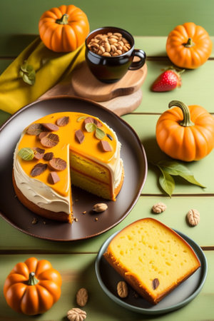 Several pieces of pumpkin cake with nuts on green table, a traditional autumn dish for thanksgiving day and halloween. Generative AI.の素材