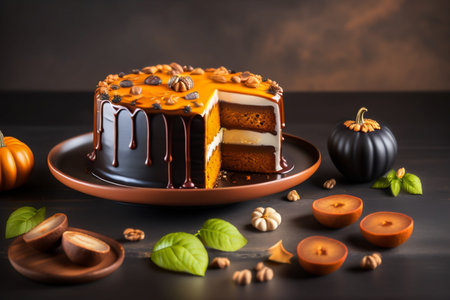 Several pieces of pumpkin cake with nuts on black table, a traditional autumn dish for thanksgiving day and halloween. Generative AI.の素材