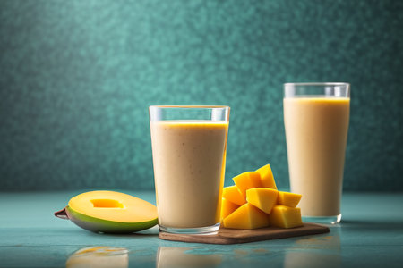 Mango MilkShake in a glass, in an aqua background. Generative AI.の素材