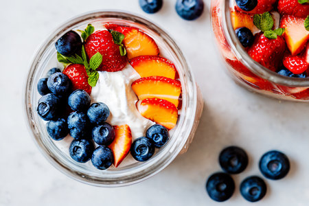 The Summer Breakfast Parfait is a colorful and delicious layered breakfast served in a glass or Mason jar. Its a quick and easy breakfast.の素材