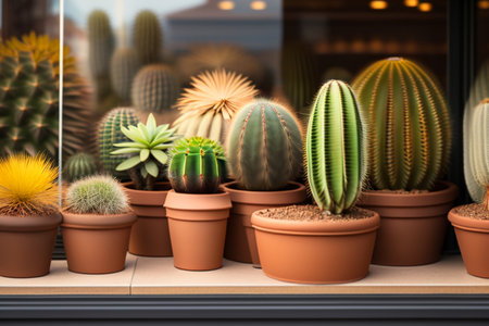 Lots of cacti in clay pots on a white wooden table. a photo in a light key. Generative AI.の素材
