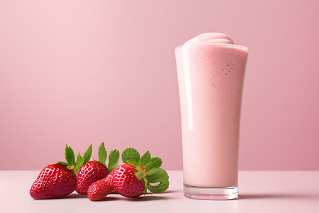 Strawberry milkshake in a glass on a pink background. The concept of summer soft drinks. Generative AI.の素材