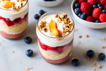 The Summer Breakfast Parfait is a colorful and delicious layered breakfast served in a glass or Mason jar. Its a quick and easy breakfast. Generative AI.の素材