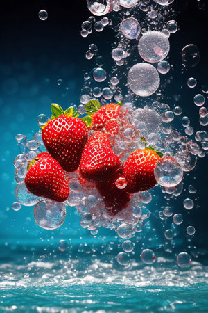 Splash of water fruits. Pieces of strawberries falling into the water on an aquamarine background. Generative AI.の素材