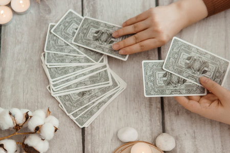 TVER, RUSSIA - FEBRUARY 11, 2023. Tarot cards, Tarot card divination, fortune telling. Occultism, esoteric education.のeditorial素材