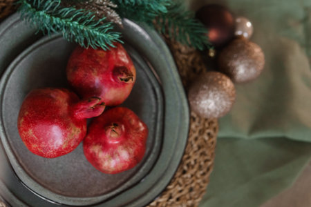 Serving a festive Christmas table in Scandinavian style. Decor on the table before the holiday.の写真素材