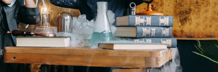 Schoolgirl perform chemical experiments. Back to school. School and preschool education.の写真素材