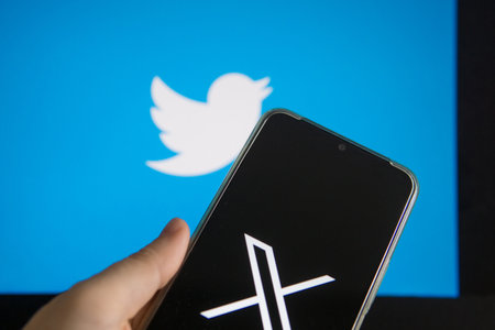 July 25, 2023, Russia. The logo in the form of the letter X displayed on the smartphone. Twitter rebranding, and implementation of X.のeditorial素材