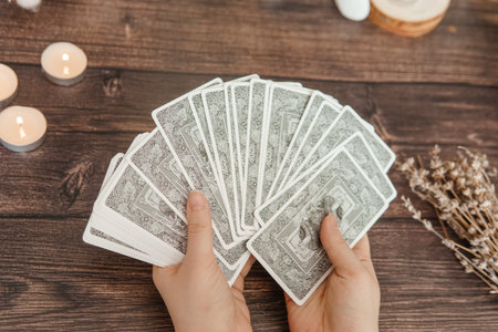 TVER, RUSSIA - FEBRUARY 11, 2023. Tarot cards, Tarot card divination, fortune telling. Occultism, esoteric education.のeditorial素材