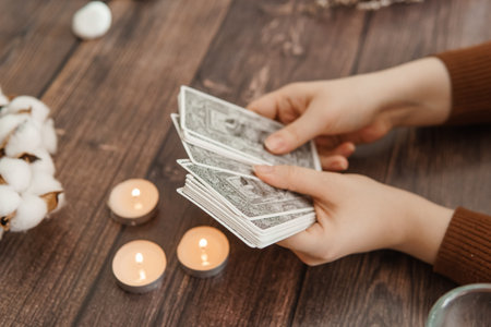 TVER, RUSSIA - FEBRUARY 11, 2023. Tarot cards, Tarot card divination, fortune telling. Occultism, esoteric education.のeditorial素材