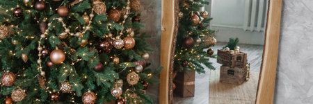 Bronze balls on the Christmas tree close-up. Christmas tree design decorations. The concept of celebrating New Year and Christmas.の写真素材