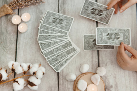 TVER, RUSSIA - FEBRUARY 11, 2023. Tarot cards, Tarot card divination, fortune telling. Occultism, esoteric education.のeditorial素材