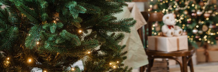 Home New Years interior. Christmas tree with gifts, decorated with garlands in the kitchen. Cozy atmosphere of a home holiday, loft design of the room, Scandinavian style.の写真素材