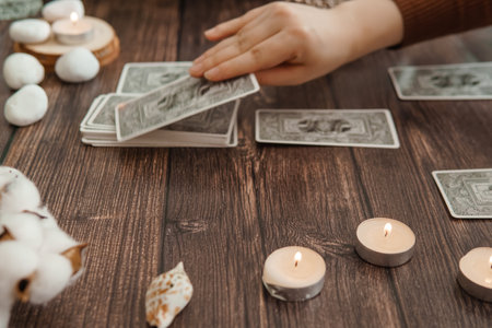 TVER, RUSSIA - FEBRUARY 11, 2023. Tarot cards, Tarot card divination, fortune telling. Occultism, esoteric education.のeditorial素材