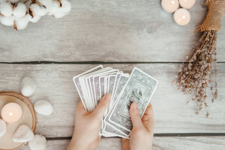 TVER, RUSSIA - FEBRUARY 11, 2023. Tarot cards, Tarot card divination, fortune telling. Occultism, esoteric education.のeditorial素材