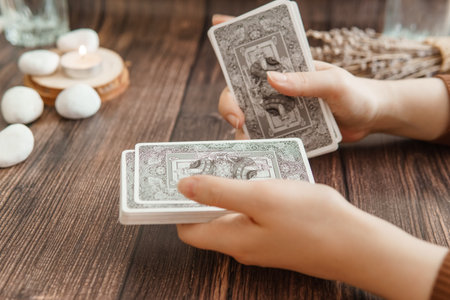 TVER, RUSSIA - FEBRUARY 11, 2023. Tarot cards, Tarot card divination, fortune telling. Occultism, esoteric education.のeditorial素材