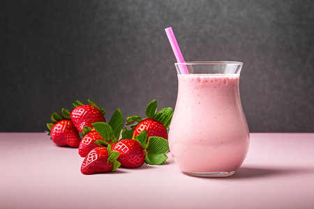 Strawberry milkshake in a glass on a pink background. The concept of summer soft drinks. Generative AI.の素材