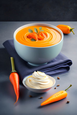 Pumpkin soup, top view. copy space. Seasonal autumn dish - pumpkin soup-puree with croutons and seeds.の写真素材
