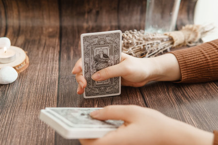 TVER, RUSSIA - FEBRUARY 11, 2023. Tarot cards, Tarot card divination, fortune telling. Occultism, esoteric education.のeditorial素材