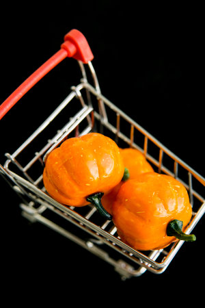 Grocery cart with decorative pumpkins on a black background. The concept of the autumn sales. Black Friday and cyber Monday. selective focusの写真素材