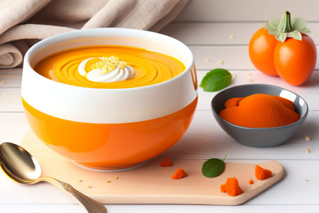 Pumpkin soup, top view. copy space. Seasonal autumn dish - pumpkin soup-puree with croutons and seeds.の写真素材