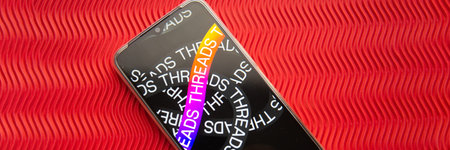 Tver, Russia - July 15, 2023, threads logo on the smartphone screen, on a red background. The...