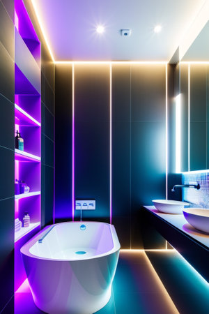 The interior of a modern futuristic bathroom in bright colors.の素材
