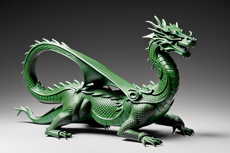 A statuette of a green wooden dragon. The dragon is the symbol of 2024.の写真素材