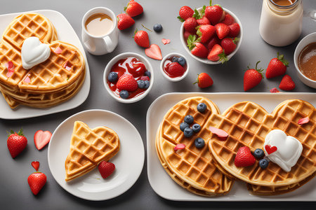 Heart-shaped breakfast waffles for Valentines Day.の写真素材
