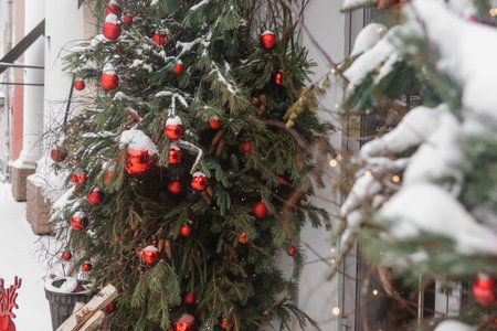 Christmas trees decorated with red balloons in front of the entrance to the cafe. Street Christmas decorations.の写真素材